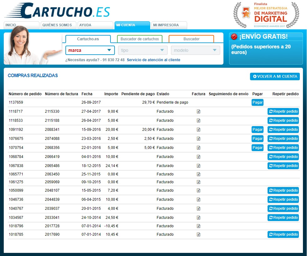 historial de pedidos web cartucho