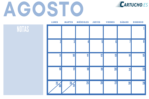 calendario mensual para imprimir agosto